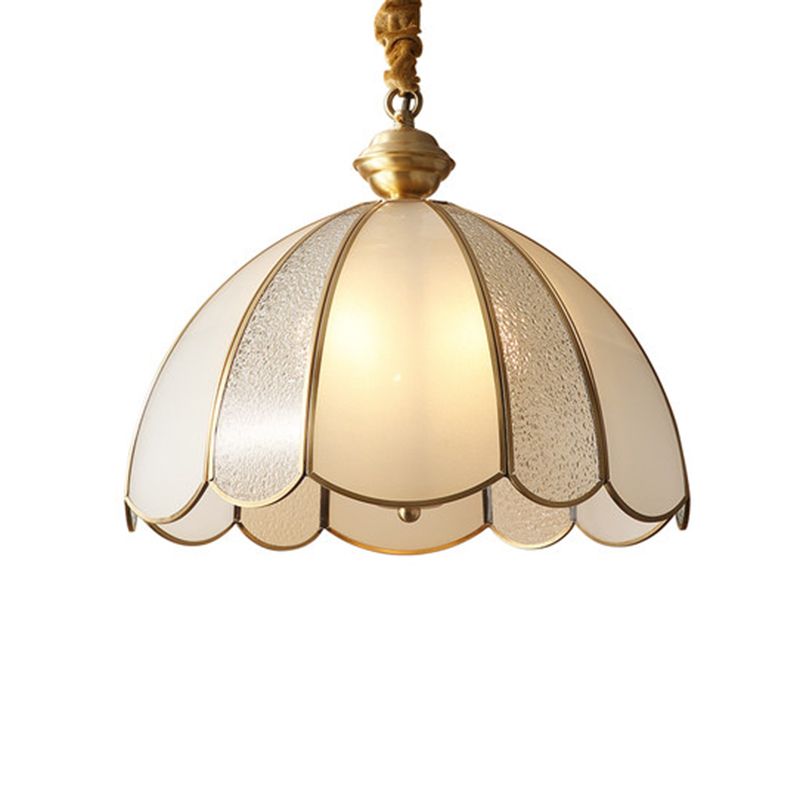 Traditional Scalloped Pendant Lighting Single-Bulb Frosted Glass Hanging Light in Gold