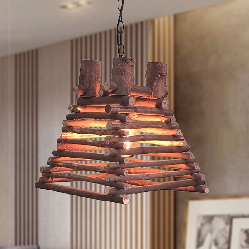 Chinese 1 Head Hanging Light Red-Brown Trapezoid Suspended Lighting Fixture with Wood Shade
