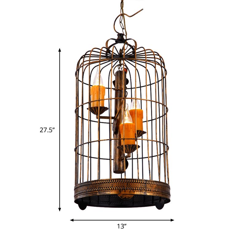 Resin Amber Drop Pendant Candle 3 Bulbs Countryside Chandelier Lamp with Antique Brass Long Bird Cage