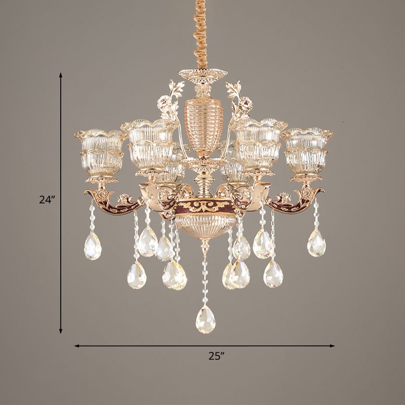 Gelaagde ruche geribbelde glazen druppel hanger 6 lampen slaapkamer kroonluchter verlichting in goud met bungelende kristal