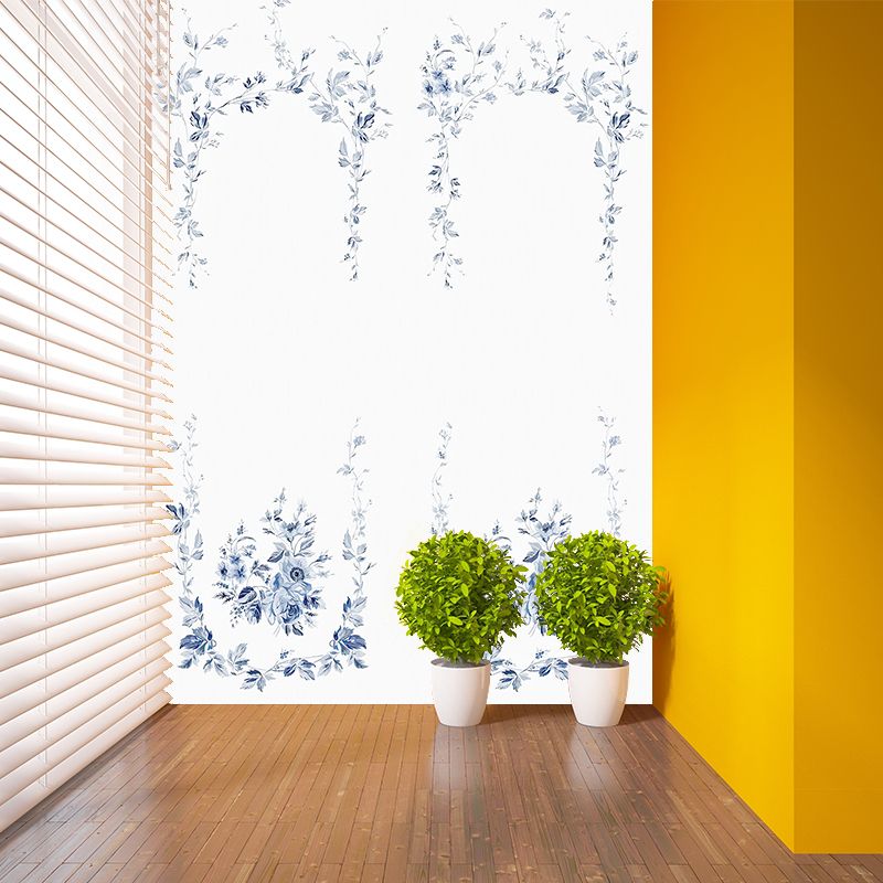 Blue Ivy Mural Wallpaper Flower Stylish Wall Art on White for Bedroom Decoration