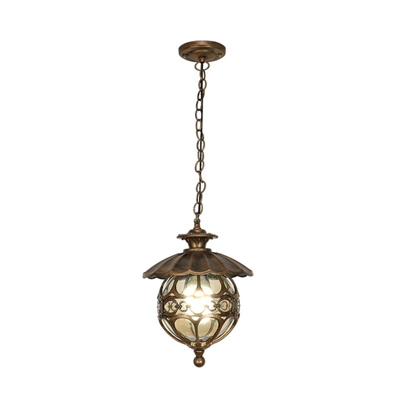 Single-Bulb Pendant Light Vintage Scalloped Aluminium Suspension Light with Globe Beige Glass Shade for Patio