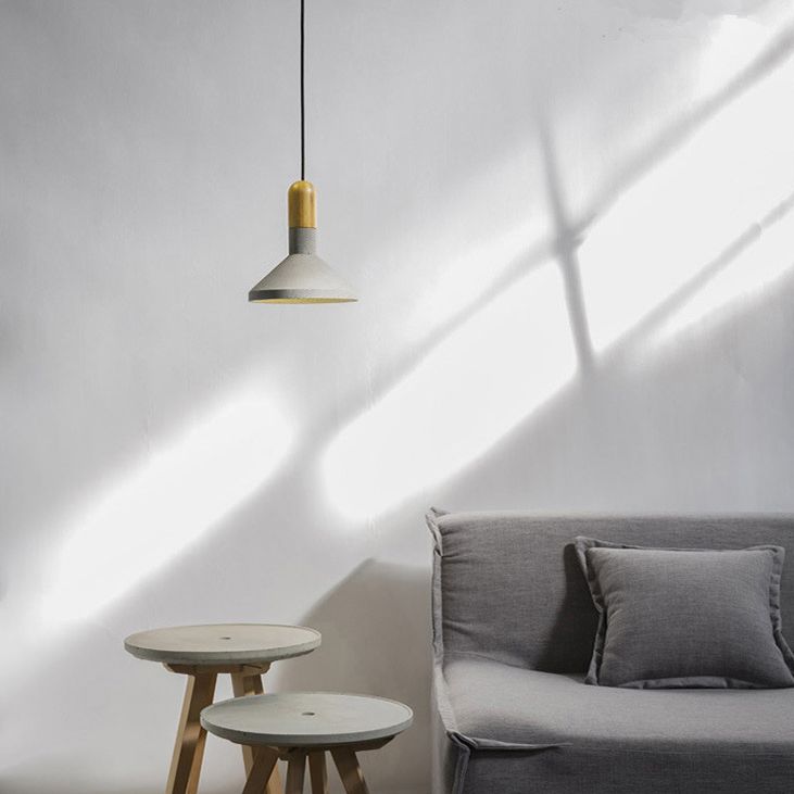 Tapered Cement Hanging Light Nordic Style 1 Light  Restaurant Ceiling Pendant Lamp  with Wooden Top