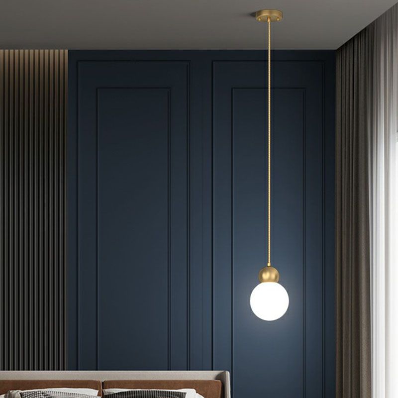 Gold Finish Ball Suspension Light Fixture Simplicity 1-Light Milk Glass Pendant for Bedroom