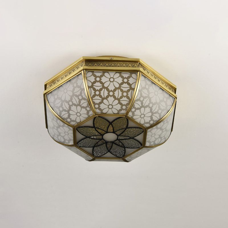 Frosted Glass Gold Flush Mount Bowl Shade 4-Light Colonialism Metal Ceiling Mounted Fixture with Flower Pattern