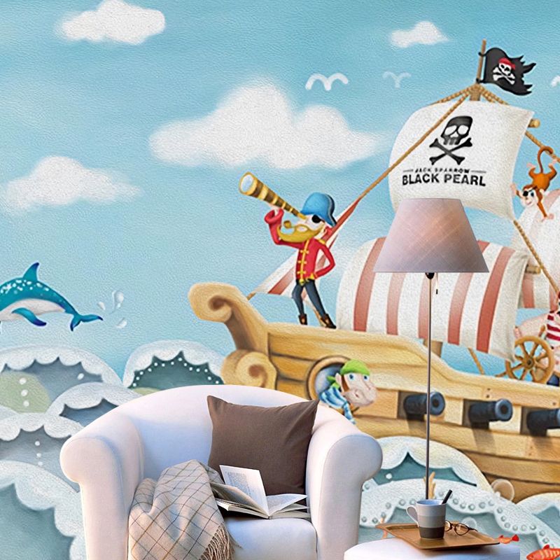 Cartoon Pirate Wall Mural Decal for Children's Bedroom, Soft Blue, Personalized Size Available