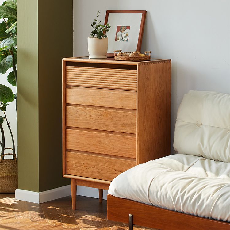 Mid-Century Modern Chest with 5 Drawers and Glass Top in Natural