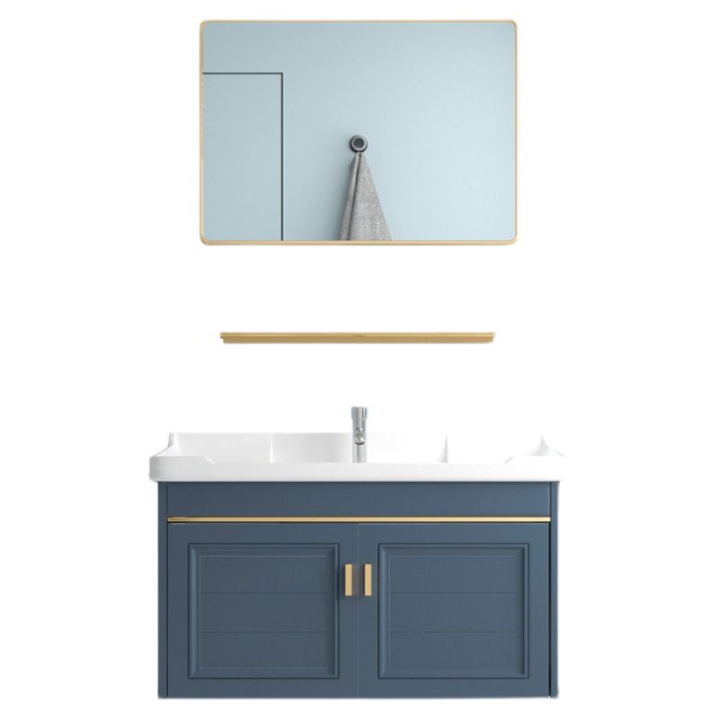 Blue Rectangle Vanity Set Metal Frame Wall-Mounted 2 Doors Mirror Single Sink Bath Vanity