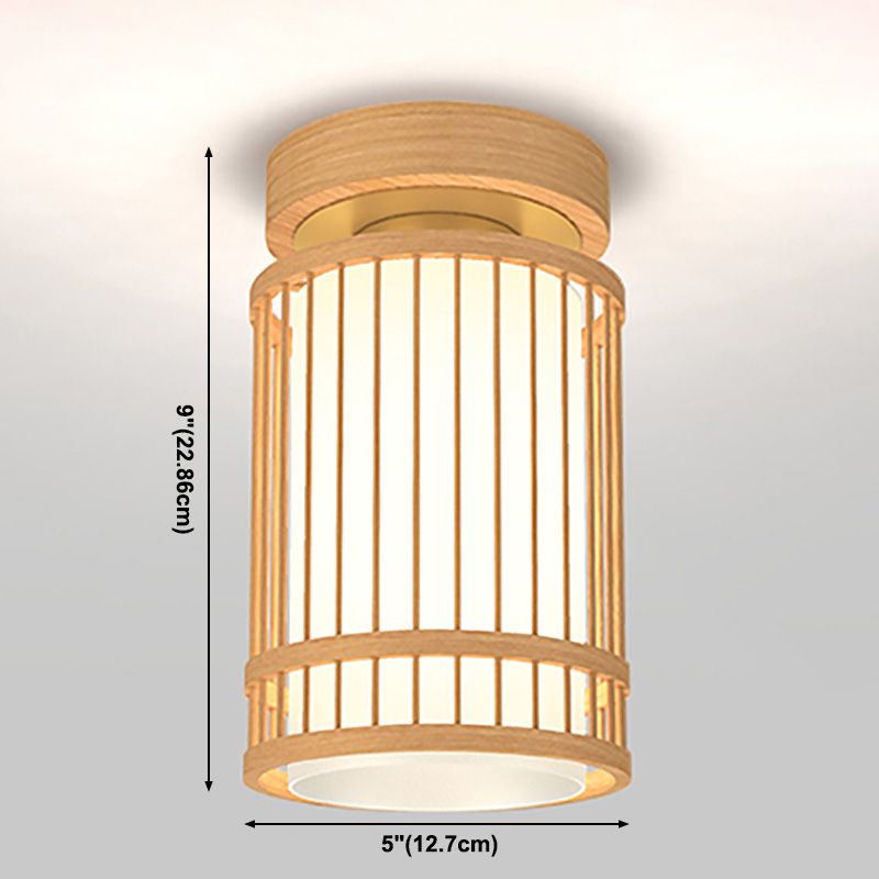 Cylinder Semi Flush Mount Lamp Asian 1-Light Natural Wood Semi Flush Mount Light with Fabric Shade
