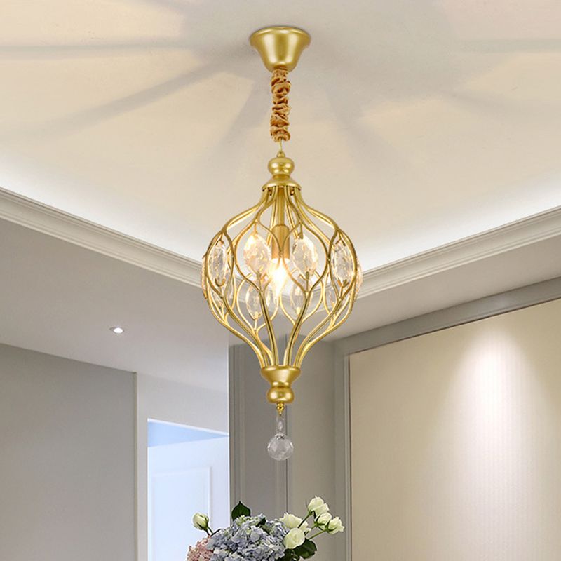 Lantern Bedroom Hanging Pendant Light Traditional Crystal 1 Bulb Black/Gold Ceiling Suspension Lamp