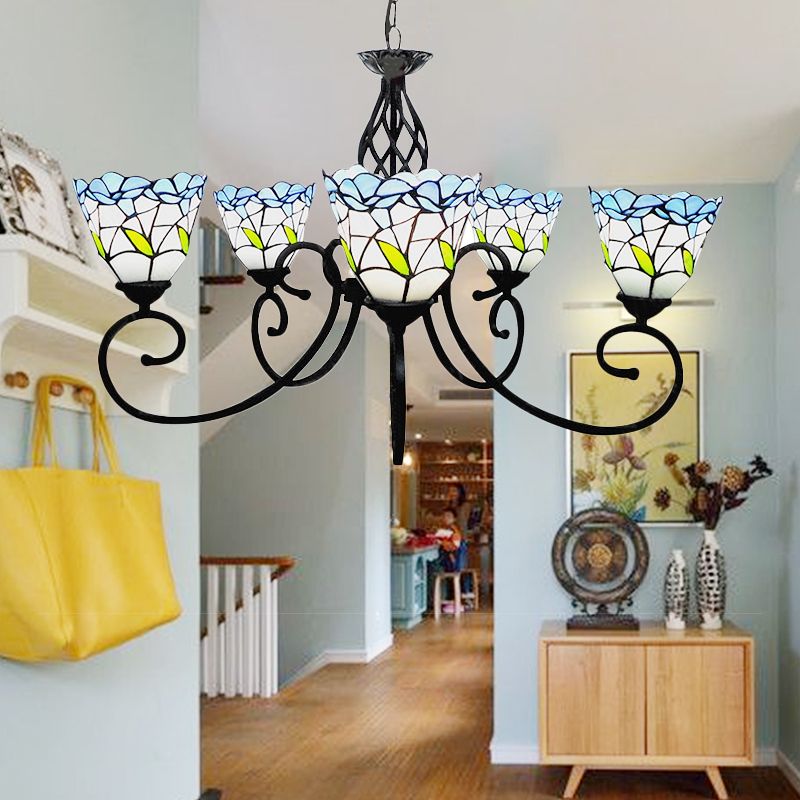 5 Heads Floral Ceiling Chandelier Light Tiffany Style Stained Living Room Pendant Light in Blue