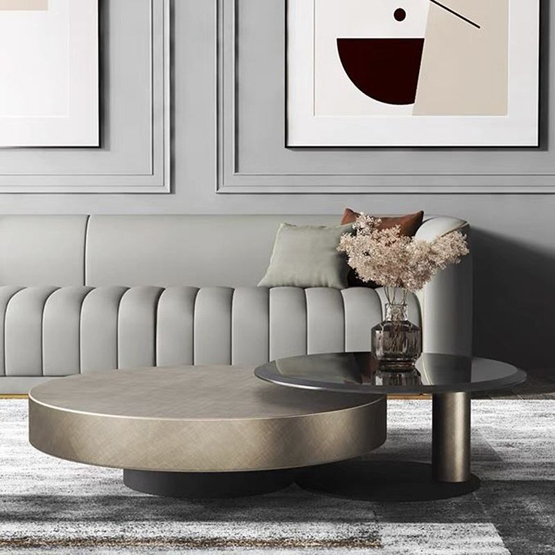 Block Base Design Cocktail Table Gold Metal Top Black Base Round Coffee Table