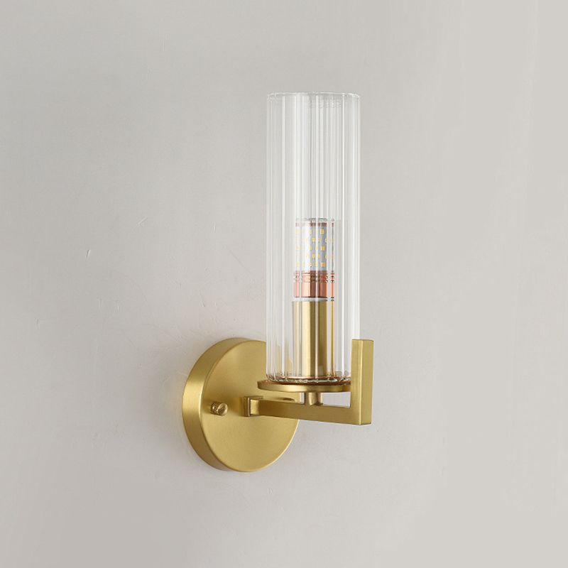 Single-Bulb Glass Wall Light Minimalist Gold Finish Cylindrical Foyer Wall Sconce Lamp