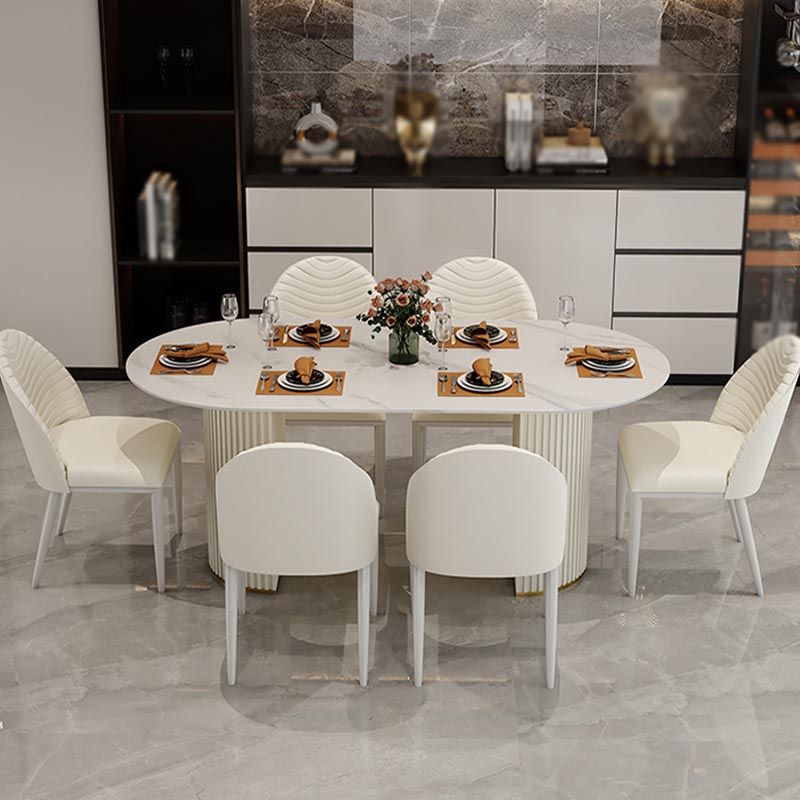 Contemporary Oval Dining Table Stone and Metal Double Pedestal Dining Table in White