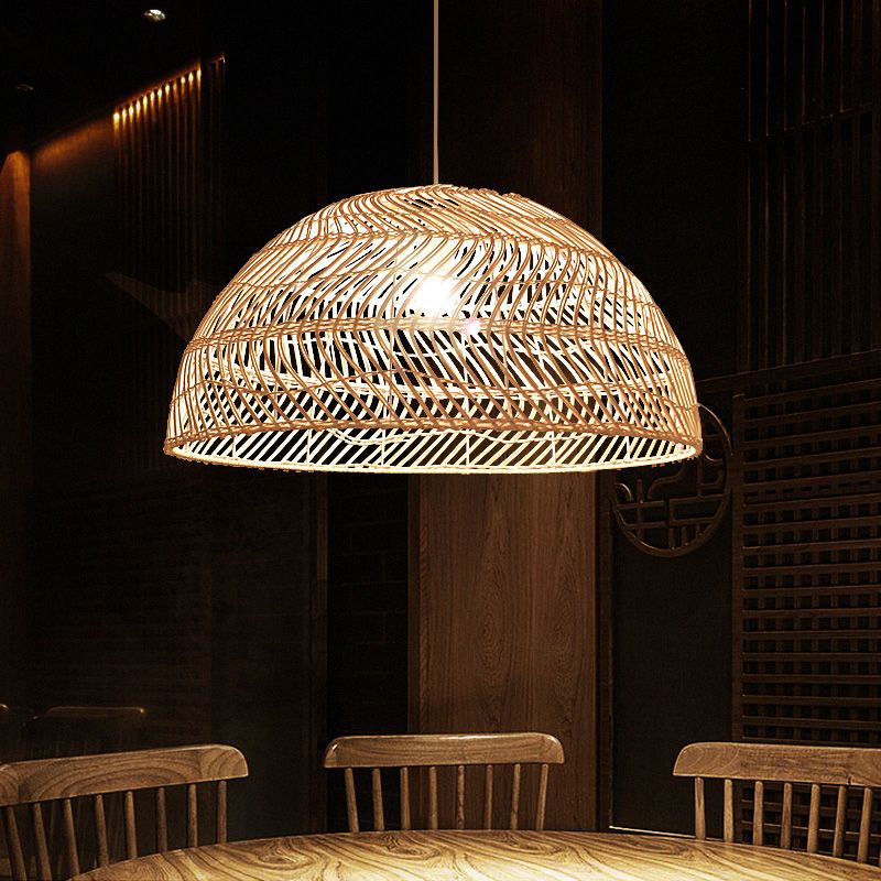Rattan Dome Shaded Suspension Lighting Simplicity 1-Light Wood Pendant Light Fixture