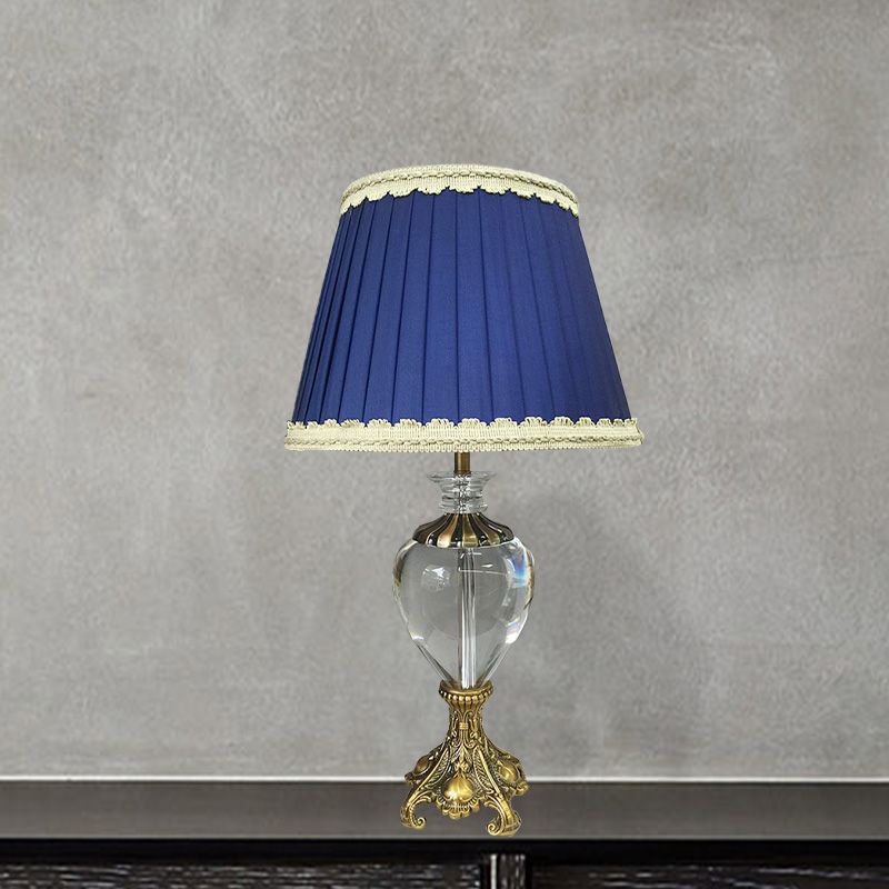 Lampe d'étude de cône Tissu moderne 1 ampoule Blue Table Lumière, base métallique en laiton sculpté