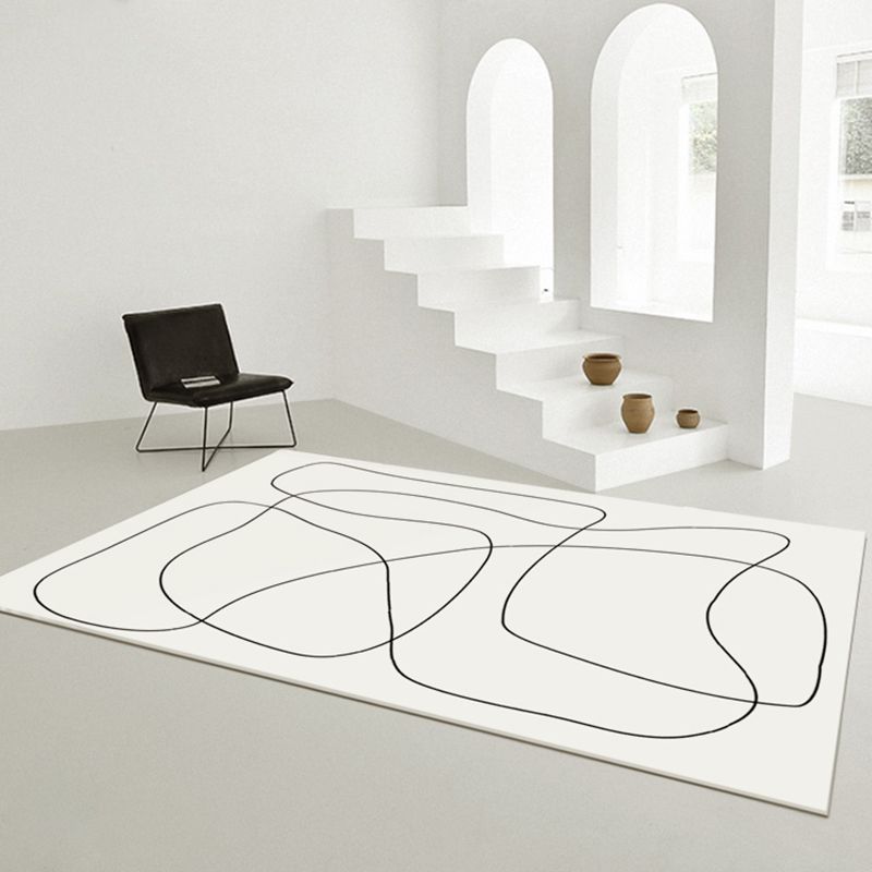 White Line Pattern Area Carpet Modern Polyester Area Rug Non-Slip Backing Rug for Home Decor