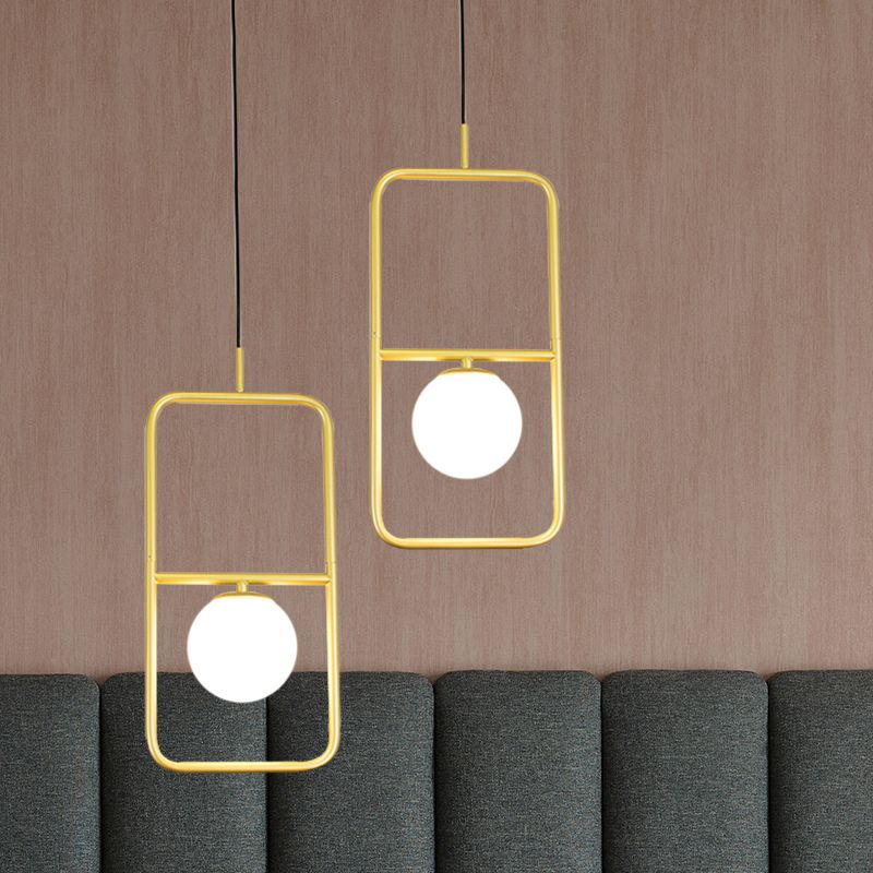 White Glass Globe Pendant Lamp with Rectangular Design Post Modernist 1/2 Lights Gold Led Hanging Light Fixture