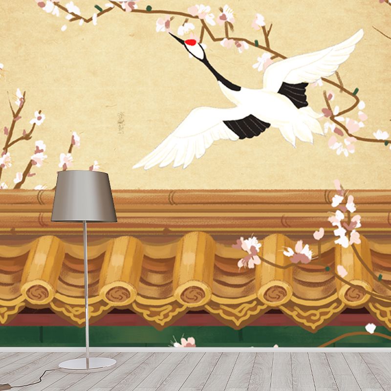 Custom Illustration Chinoiserie Mural with Halcyon Fly over Roof Pattern in Light Yellow