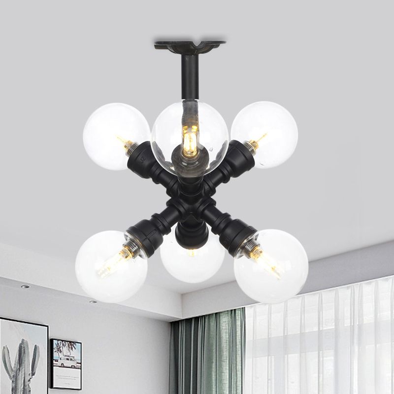 Black 4/5/6-Head Semi Flushmount Antiqued Clear Glass Ball LED Close to Ceiling Lighting