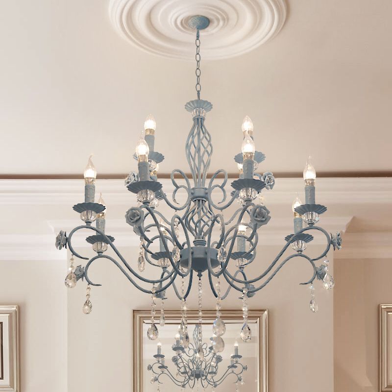 Blue Candelabra Hanging Ceiling Light Traditional Metal 12 Lights Living Room Chandelier Light with Crystal Drop