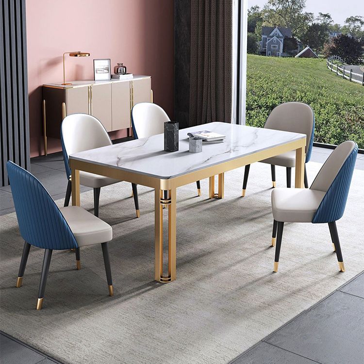 Traditionele luxe eettafel rechthoek gesinterde steen 4 poten tafel met gouden frame