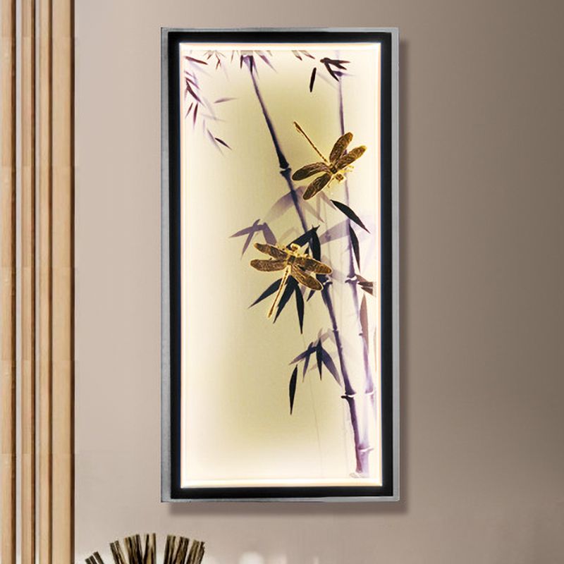 Bedroom LED Mural Lighting Chinese Black Wall Lamp with Dragonfly and Bamboo Print Fabric Shade