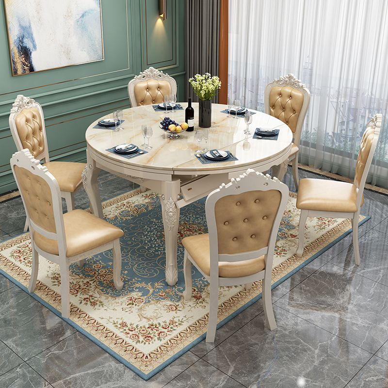 Faux Marble Dining Table Round 4 Legs Dining Site Table with Drop-Leaf
