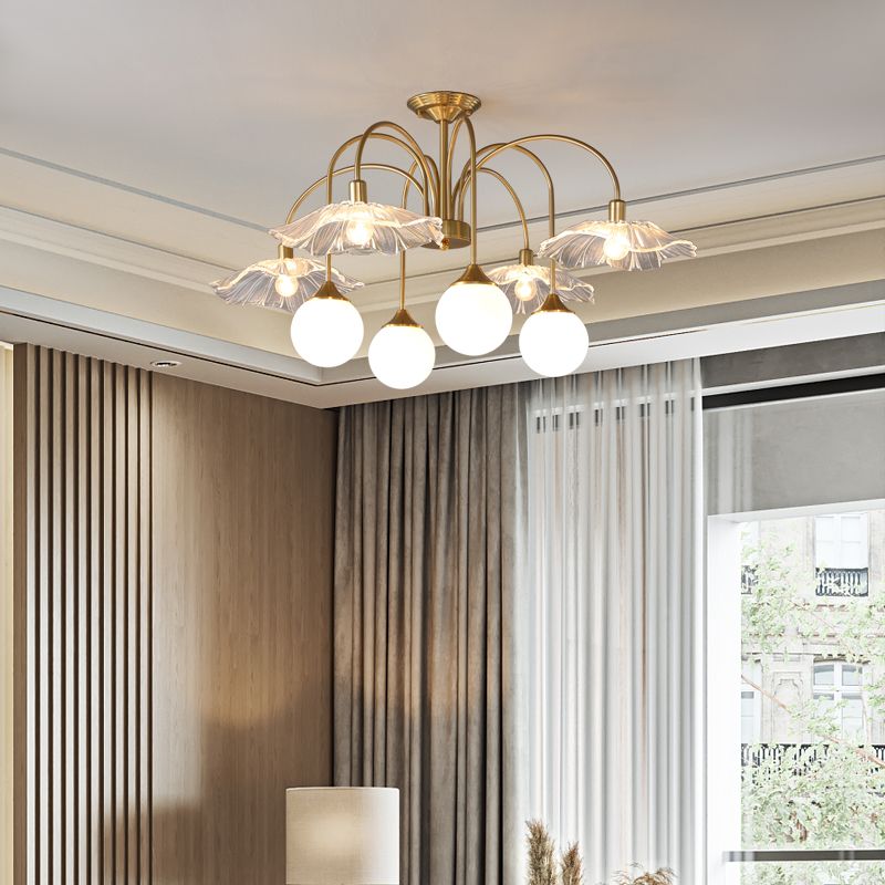Metal Semi Flush Lamp Traditional Multi-Head Bedroom Ceiling Lighting with Glass Shade