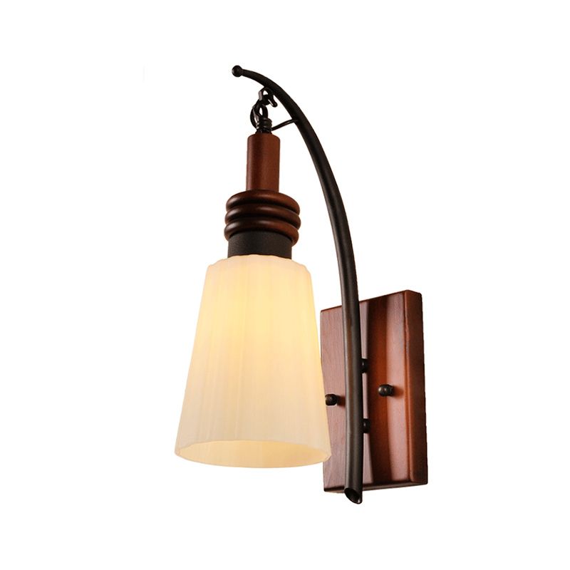 Contemporary Cone Sconce Light Fixture Opal Glass and Wood 1 Head Bedroom Wall Mounted Light in Red Brown