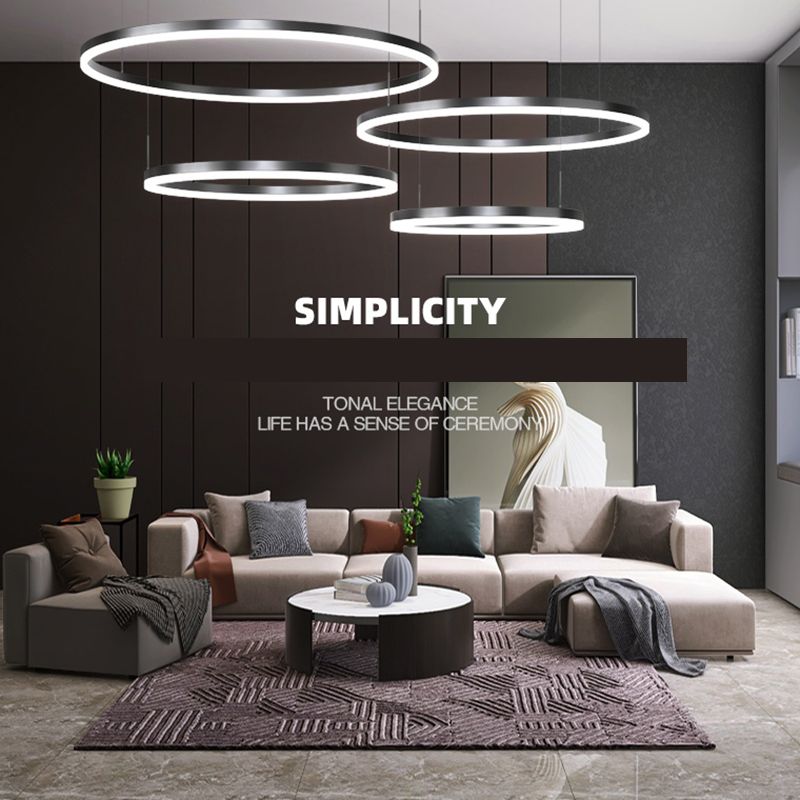 Metal Circle Pendant Chandelier Minimalist Black LED Pendant Light for Living Room