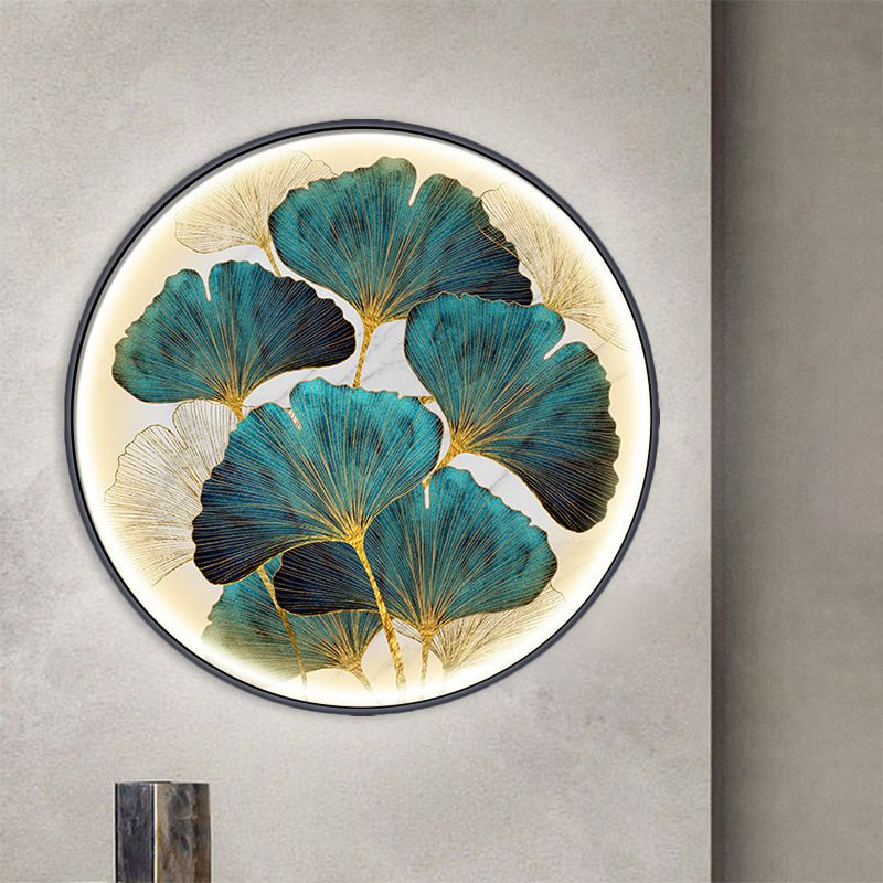 Circular Ginkgo Leave Wall Lighting Asia Style Metal LED Tearoom Wall Mural Sconce in Green/Yellow-Green