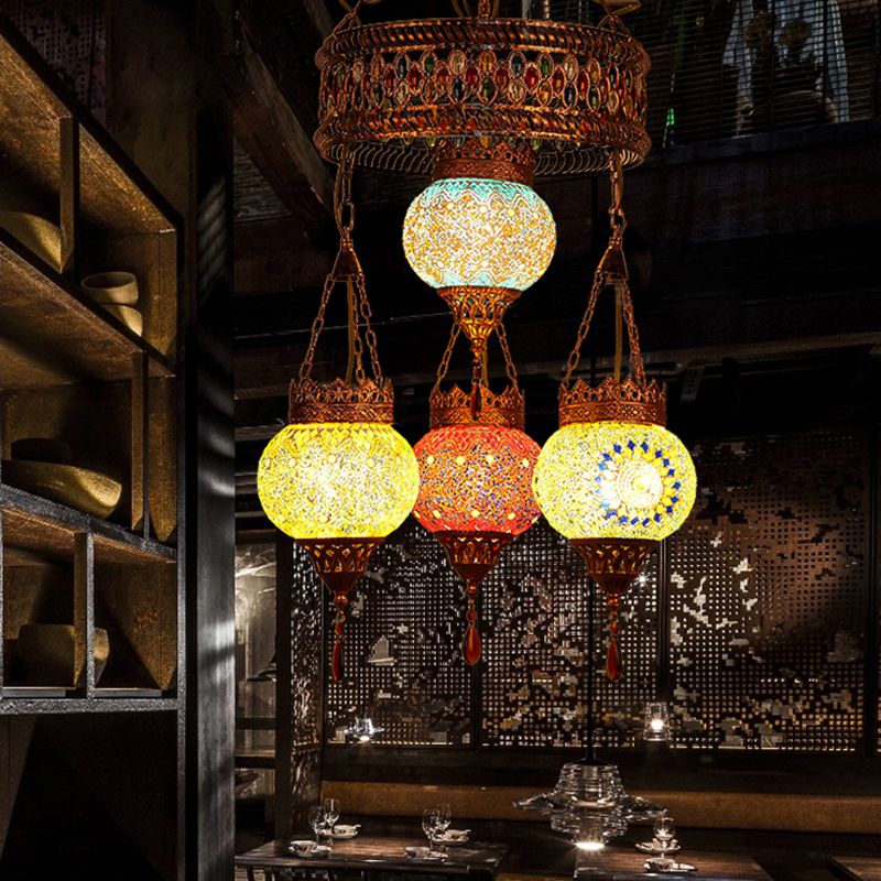 4 Heads Ceiling Chandelier Traditional Lantern Stained Glass Suspension Lighting Fixture in Copper for Restaurant