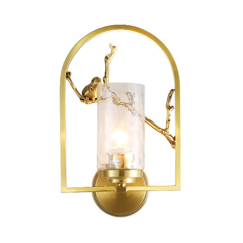 Cylindrical Sconce Light Traditionary Metal 1/2 Heads Gold Wall Lamp Fixture with Bird Deco