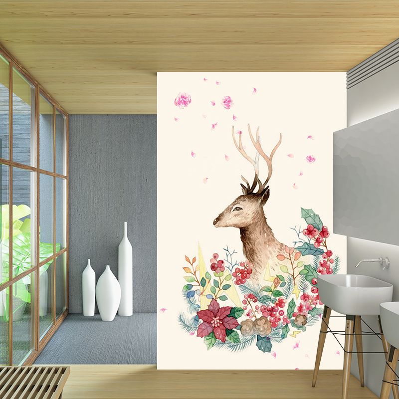 Decorative Deer with Wreath Murals Wallpaper for Accent Wall Customized Wall Art in Red-Green