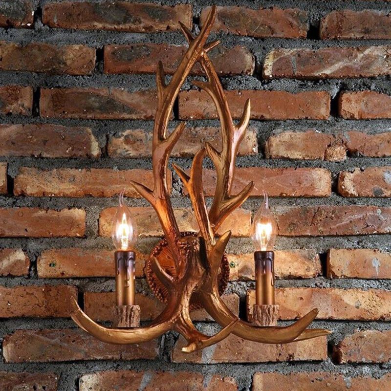 2 Heads Resin Wall Light Classic Brown Deer Horn Restaurant Wall Lighting Fixture with Candle Decor