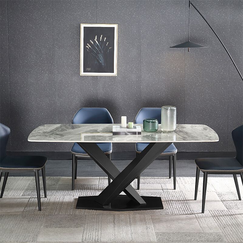 Luxury Sintered Stone Top Dining Table Rectangle Dining Table with Metal Pedestal in Black