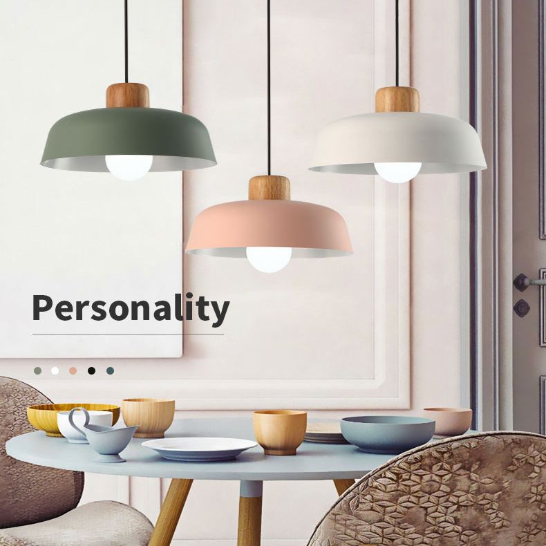Noordse industriële stijl macaron kroonluchter aluminium lampenkap houten plafondlade slaapkamer hanglamp