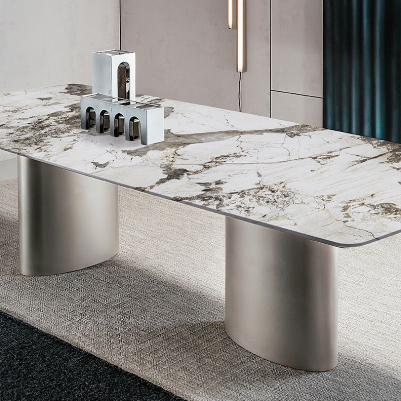 Mesa de comedor rectangular de lujo tradicional de metal Mesa de piedra sinterizada con patas de metal