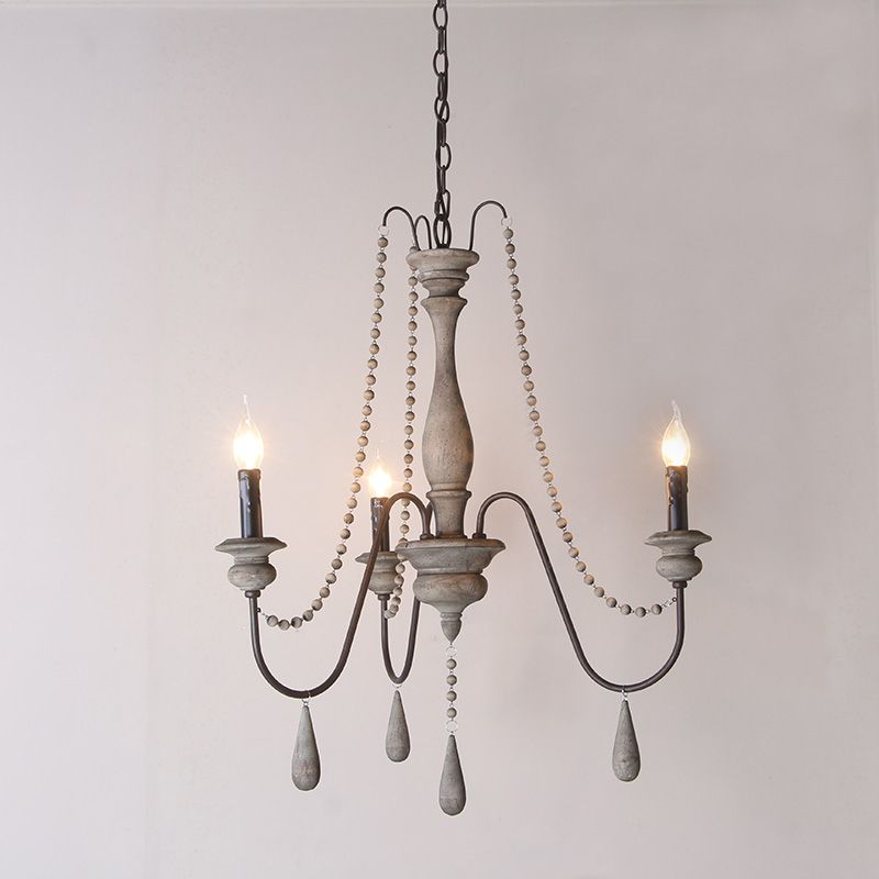 Farmhouse Swooping Arm Chandelier Wood Hanging Ceiling Light with Candelabra Design