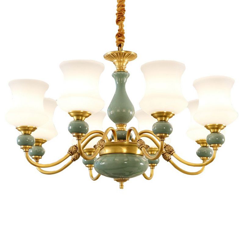 Retro vaas omhoog kroonluchter opaal matglas hangend licht in smaragdgroen-goud voor eetkamer
