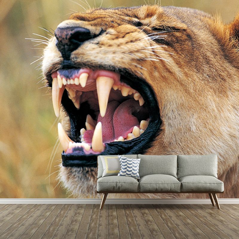 Modern Animal Close-Up Mural Brown Roaring Lion Wall Art for Bedroom, Custom Made