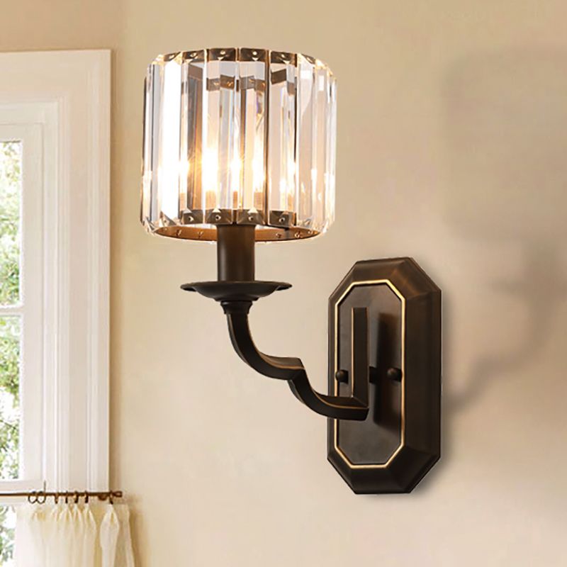 Cylindrical Wall Lighting Fixture Vintage Metallic 1 Head Black Wall Mount Lamp with Clear Faceted Crystal