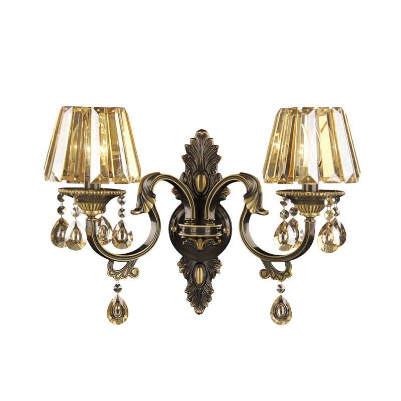 2 Bulbs Draping Crystal Teardrop Sconce Light Modern Amber Tapered Living Room Wall Mounted Lighting