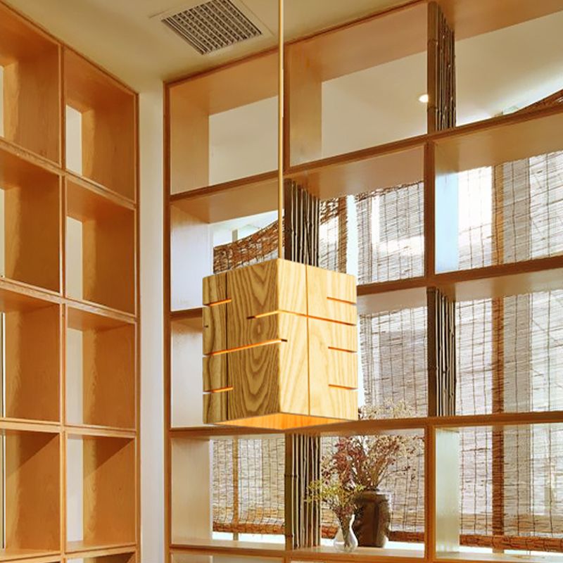 1 Head Restaurant Pendant Lamp Modern Beige Ceiling Hanging Light with Rectangular Wood Shade