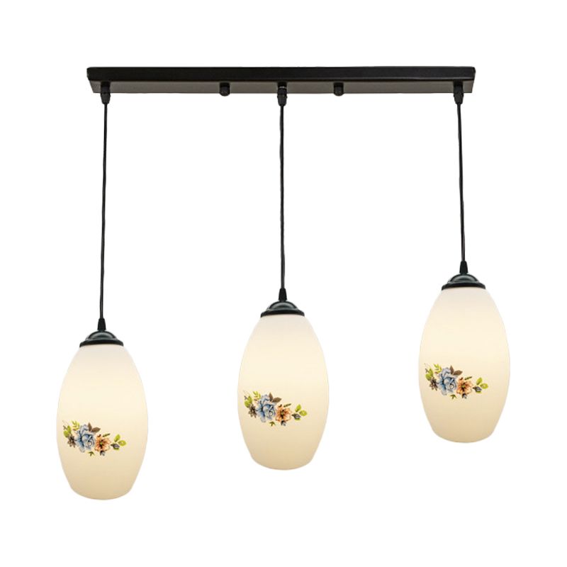 3 Lights Oval Multi-Pendant Modern Black Finish White Printed Glass Ceiling Hang Fixture with Round/Linear Canopy