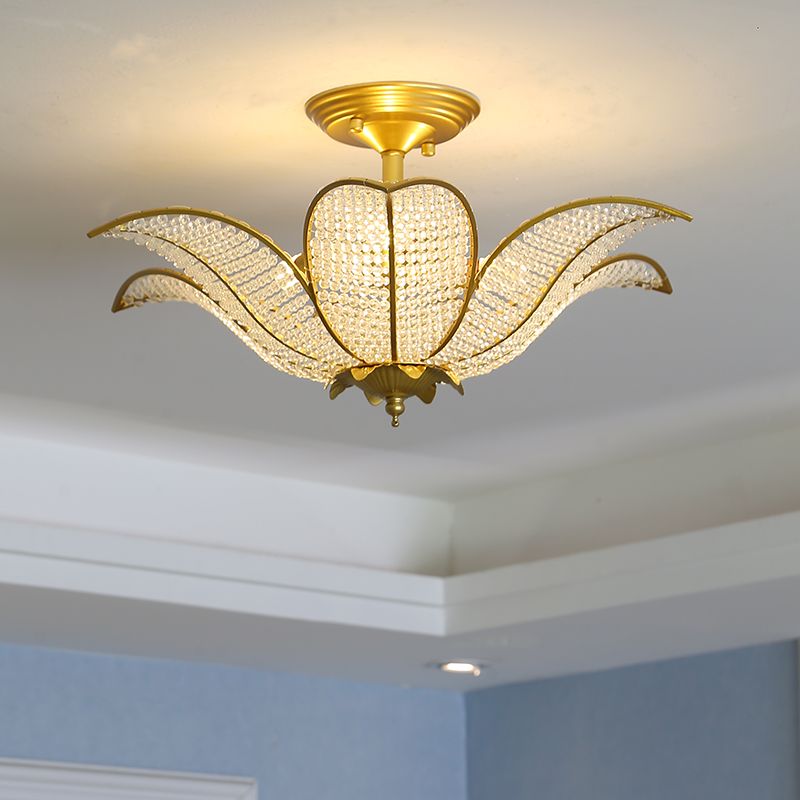 6-Licht-Wohnzimmer Decke Flush Mount zeitgenössische goldene Halbflush-Halterung Beleuchtung mit blühender klarer Kristallglasschatten