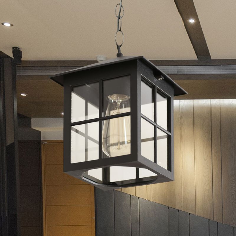 Cuboid Clear Glass Hanging Light Farmhouse 1 Bulb Courtyard Pendulum Lamp in Black/Bronze