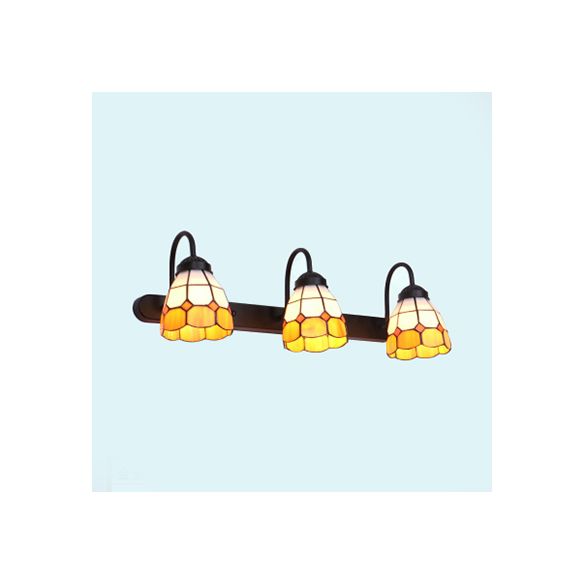 Grid Patterned Vanity Lighting Tiffany Blue/Yellow Glass 3 Heads Antique Brass Wall Mounted Light
