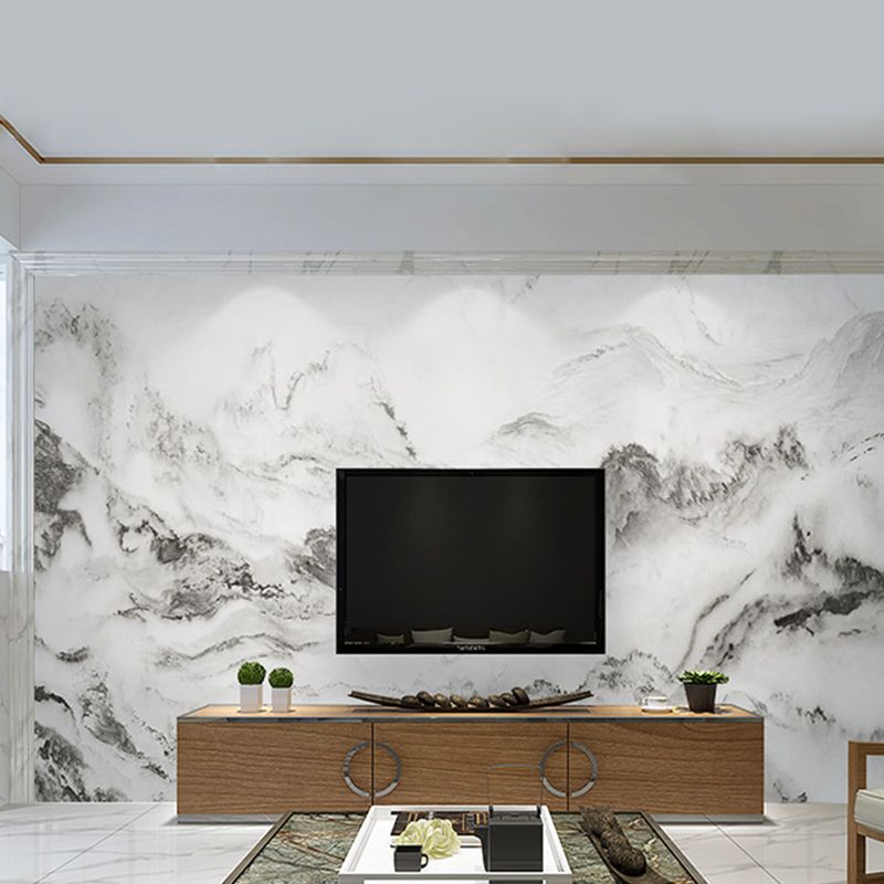 Big Mountain Mural Wallpaper for Living Room 3D Effect Wall Covering in Soft Grey, Stain-Resistant